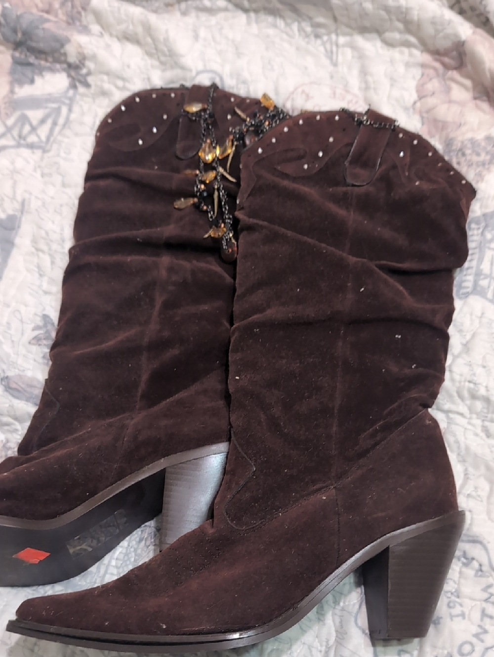 Brown Suede Mid-Calf Heeled Boots with Decorative Chain